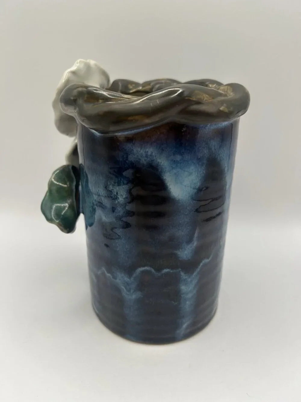 Handmade Studio Pottery Vase Blue Drip Glaze Floral Applied Art Vase Majolica￼